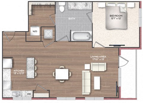 Floor plan for 1 bed, 1 bath, 856 sqft